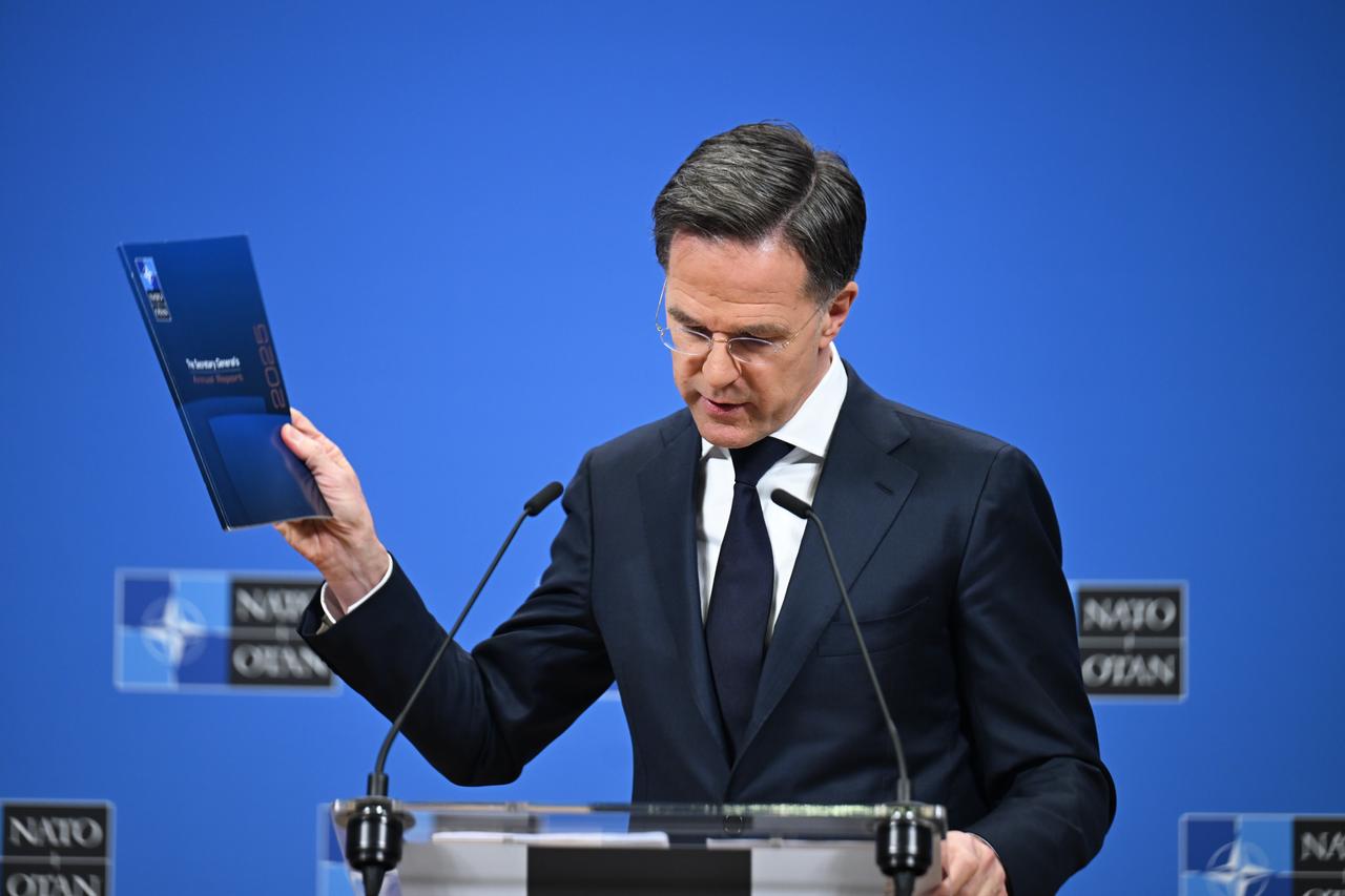NATO Secretary General Mark Rutte presents the 2025 annual report during a press conference held at NATO Headquarters in Brussels, Belgium on March 26, 2026. (AA Photo)