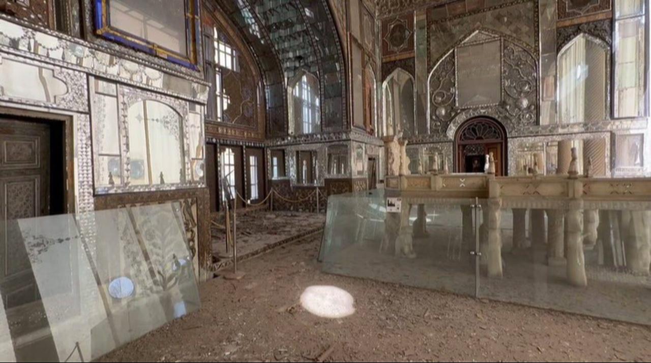 Interior sections of the UNESCO-listed Golestan Palace show visible damage following a strike near Arg Square. (Photo via WANA)