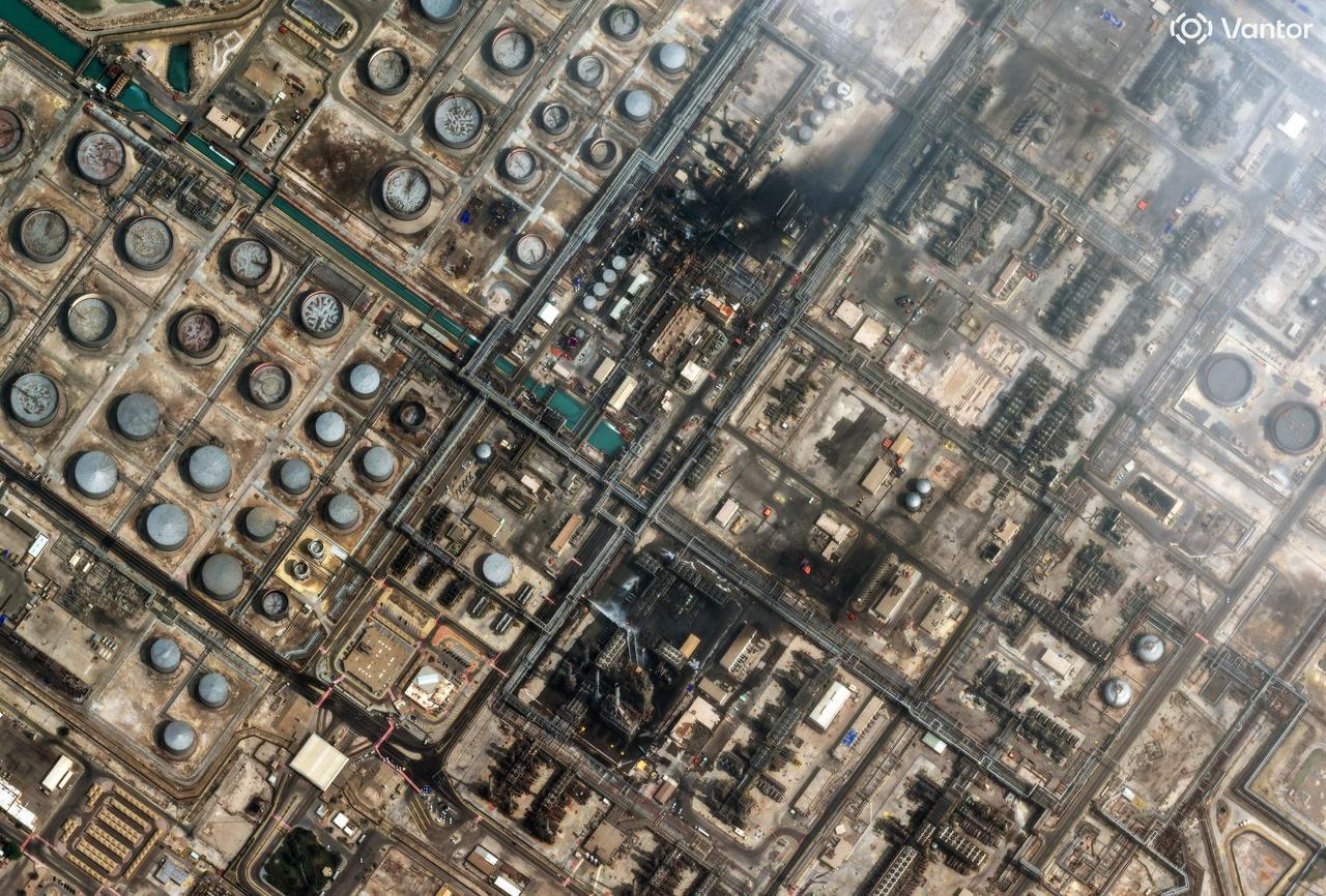 This handout satellite image courtesy of Vantor taken and released on March 2, 2026, shows damage at the Saudi Aramco's Ras Tanura refinery. (Photo by Satellite image ©2026 Vantor/AFP)