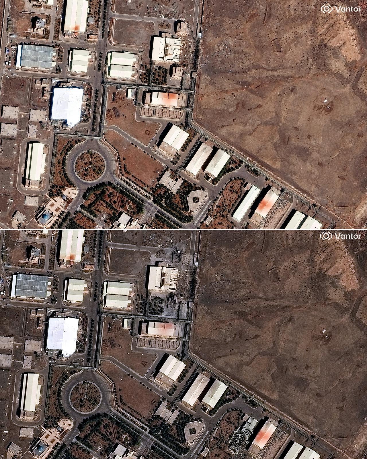 A view of the Natanz nuclear complex facility near Natanz, Isfahan province, Iran, on March 1, 2026 (top) and on March 2, 2026 with damage observed on several buildings. (Photo by Satellite image ©2026 Vantor/AFP)