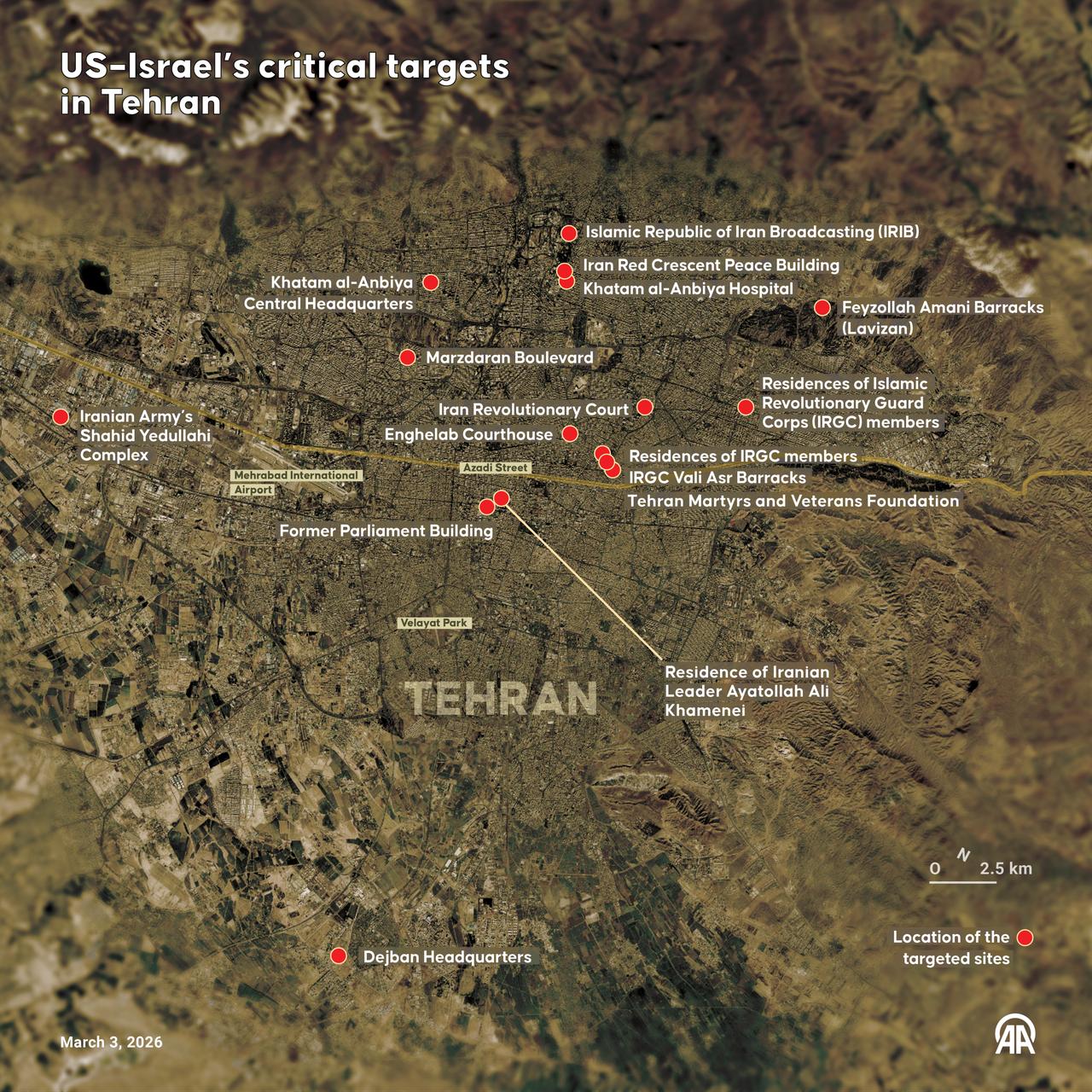 An infographic titled "US–Israel’s critical targets in Tehran" was created in Ankara, Türkiye, on March 3, 2026. (AA Infographic)