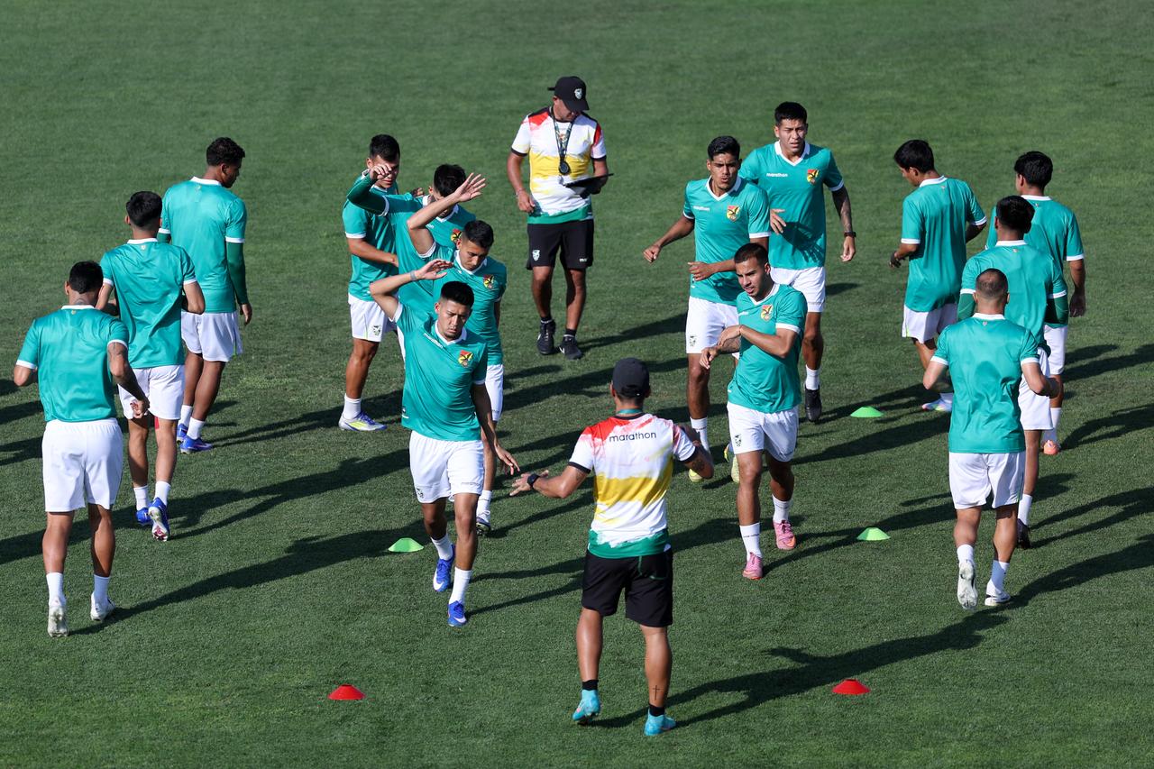 Bolivia players take part in a training session at Borregos Sports Center I in Monterrey, Mexico, March 30, 2026, ahead of the FIFA World Cup qualifiers final playoff match against Iraq. (AFP Photo)