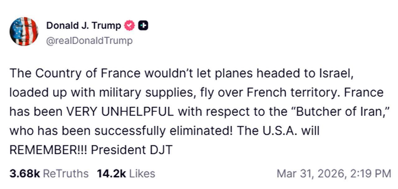 Screenshot shows the U.S. President Donald Trump's post on Truth Social on March 31, 2026. (Photo via Truth Social)