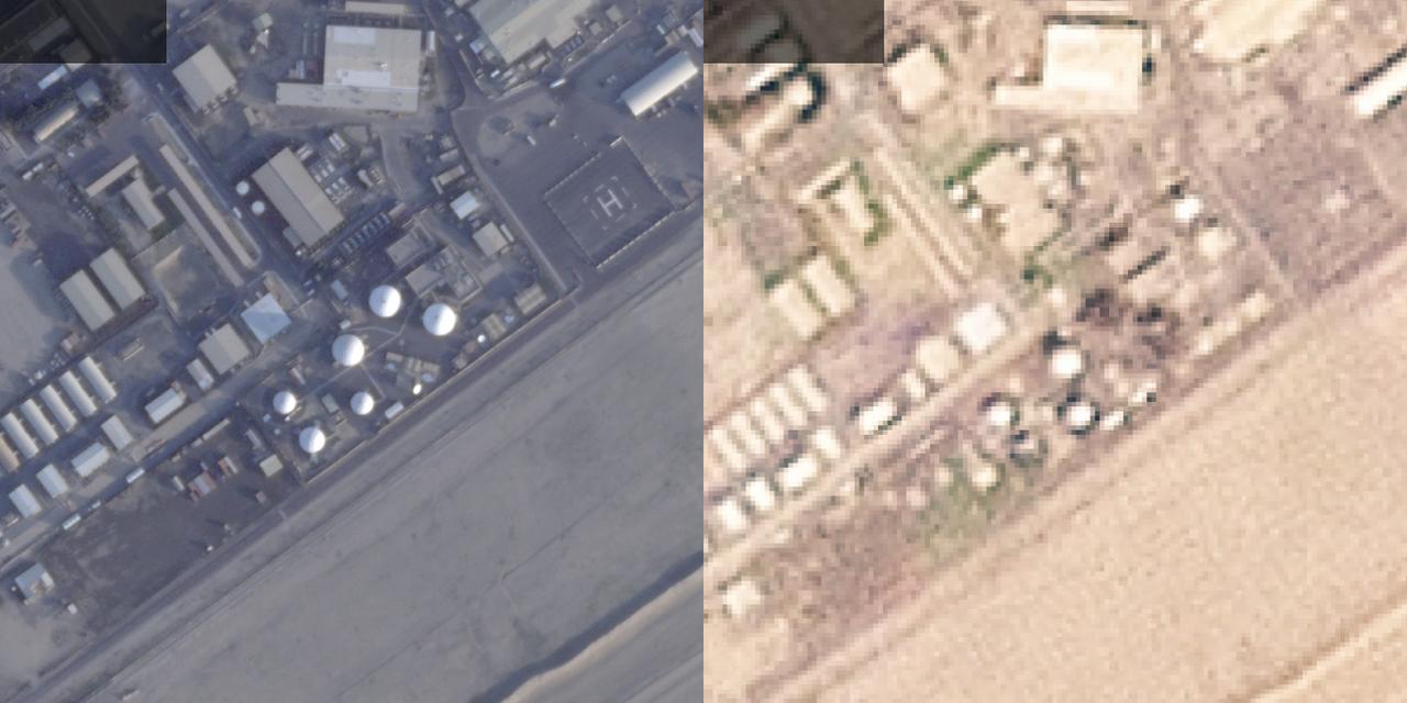 Feb. 23 (L) and March 1 (R) satellite images show the Camp Arifjan, Kuwait. (Photo via New York Times/Planet Labs)