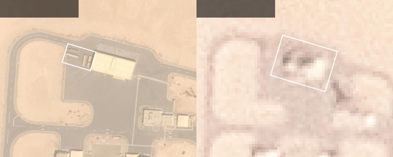 The satellite images dated Aug. 18, 2025 (L) and March 1, 2026 (R) show a military installation just outside Al Ruwais, United Arab Emirates. (Photo via New York Times/Airbus DS, Planet Labs)