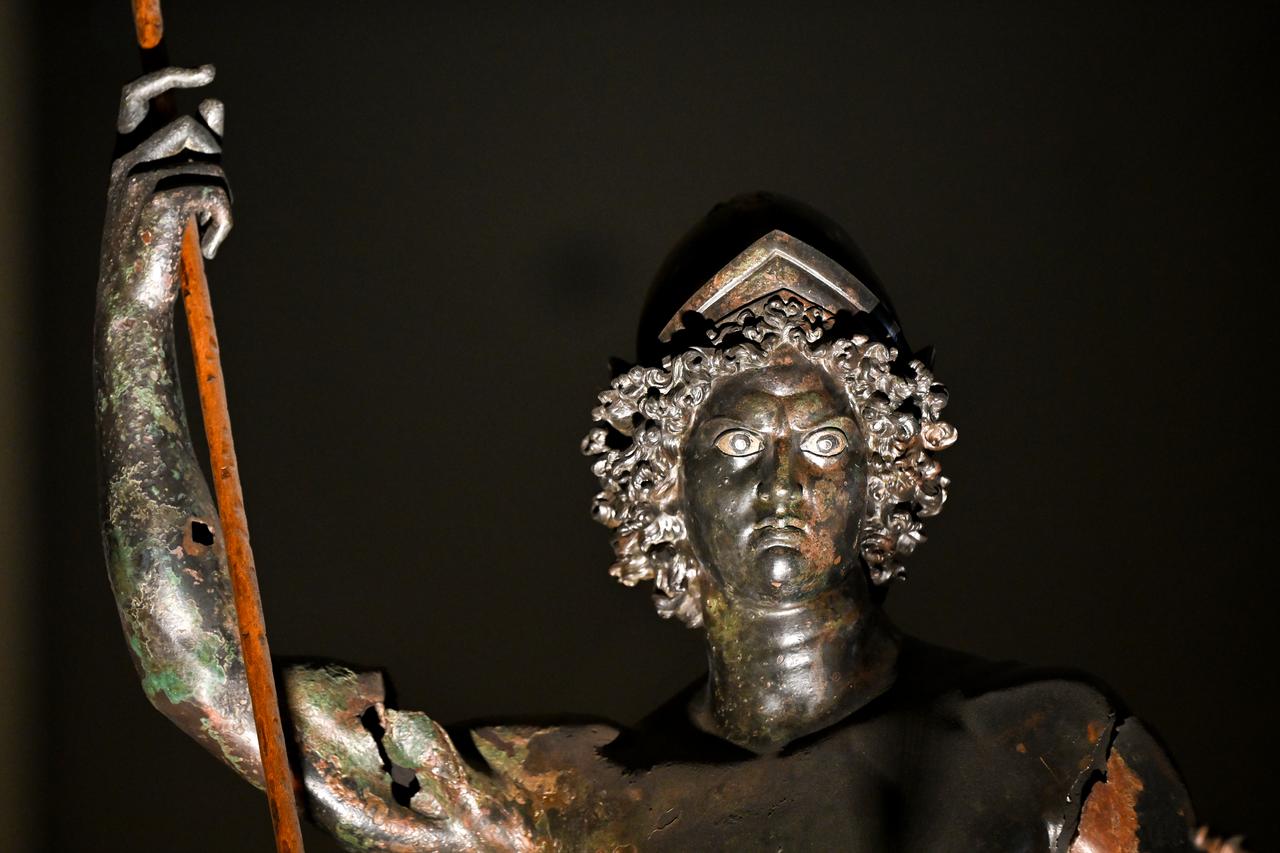 A close-up shows the face of the nearly 2,000-year-old bronze Mars statue with gold- and silver-inlaid eyes at the Zeugma Mosaic Museum in Gaziantep, Türkiye, March 3, 2026. (AA Photo)
