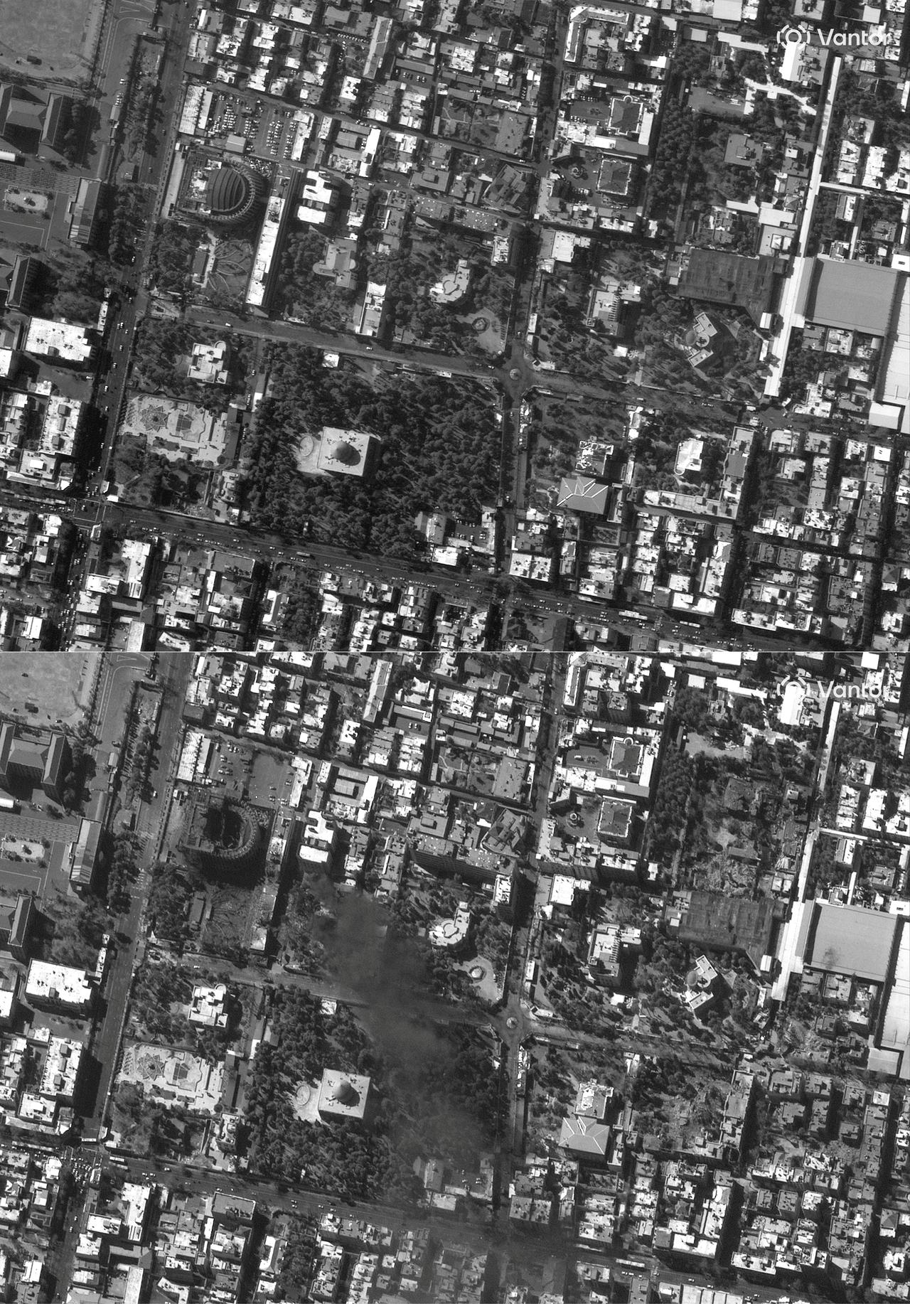 This combination of handout satellite images courtesy of Vantor created on March 3, 2026, shows the presidential complex and the Khomeni residence in Tehran on February 22, 2026 (top) and the same site on March 3, 2026, following airstrikes. (Photo by Satellite image ©2026 Vantor/AFP)