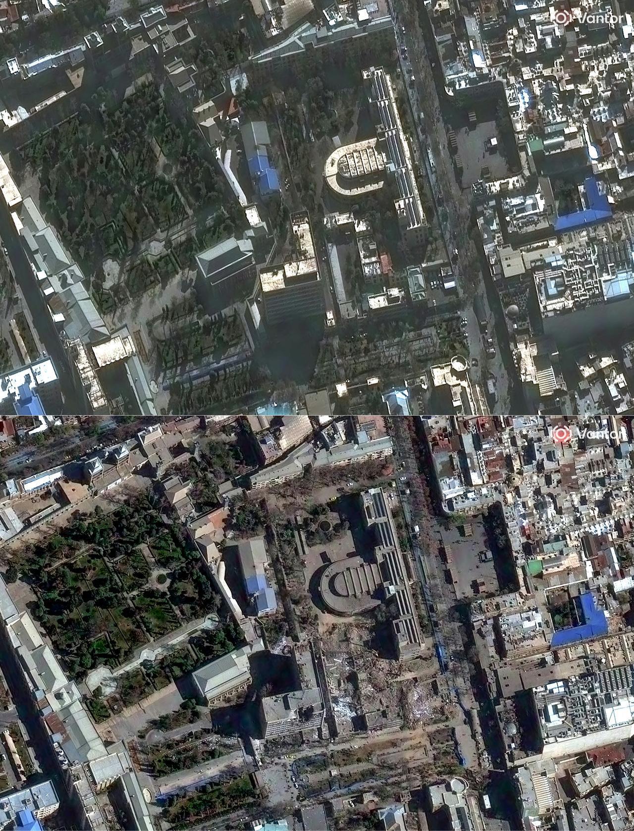 This combination of handout satellite images courtesy of Vantor created on March 3, 2026, shows the judiciary complex in Tehran on March 1, 2026 (top) and the same site on March 3, 2026, following airstrikes. (Photo by Satellite image ©2026 Vantor/AFP)