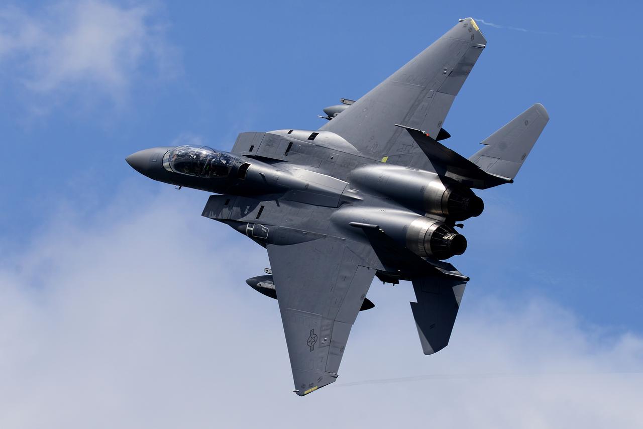 An F-15E Strike Eagle assigned to the 492nd Fighter Squadron flies over Royal Air Force Lakenheath, England, May 10. (Photo via U.S. Air Force)