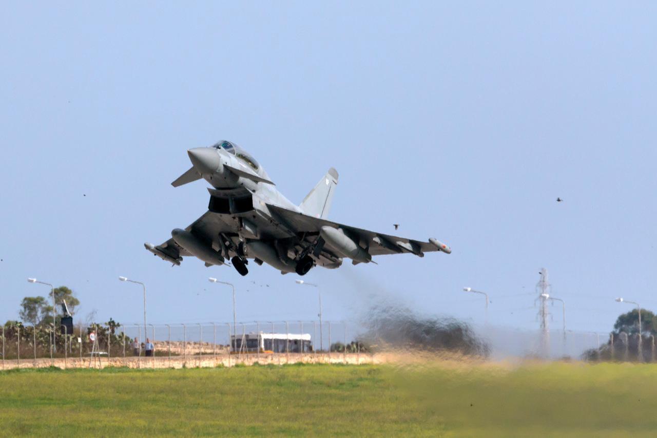 Royal Air Force (RAF) Eurofighter EF-2000 Typhoon T3 departing runway 31 in Luqa, Malta, November 18, 2014. (Adobe Stock Photo)