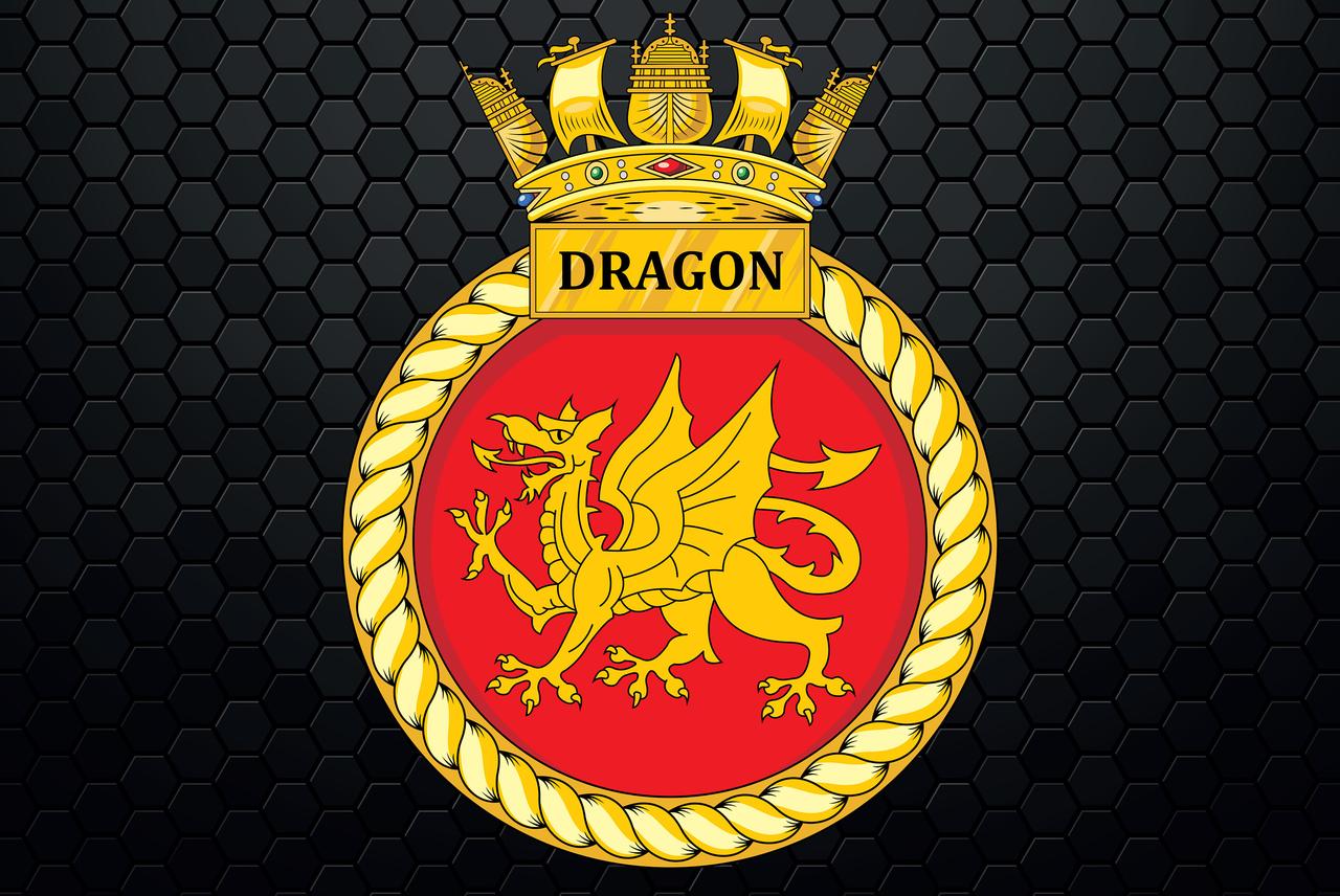 The official HMS Dragon crest, featuring a golden dragon on a red shield beneath a naval crown. (Image via Etsy)