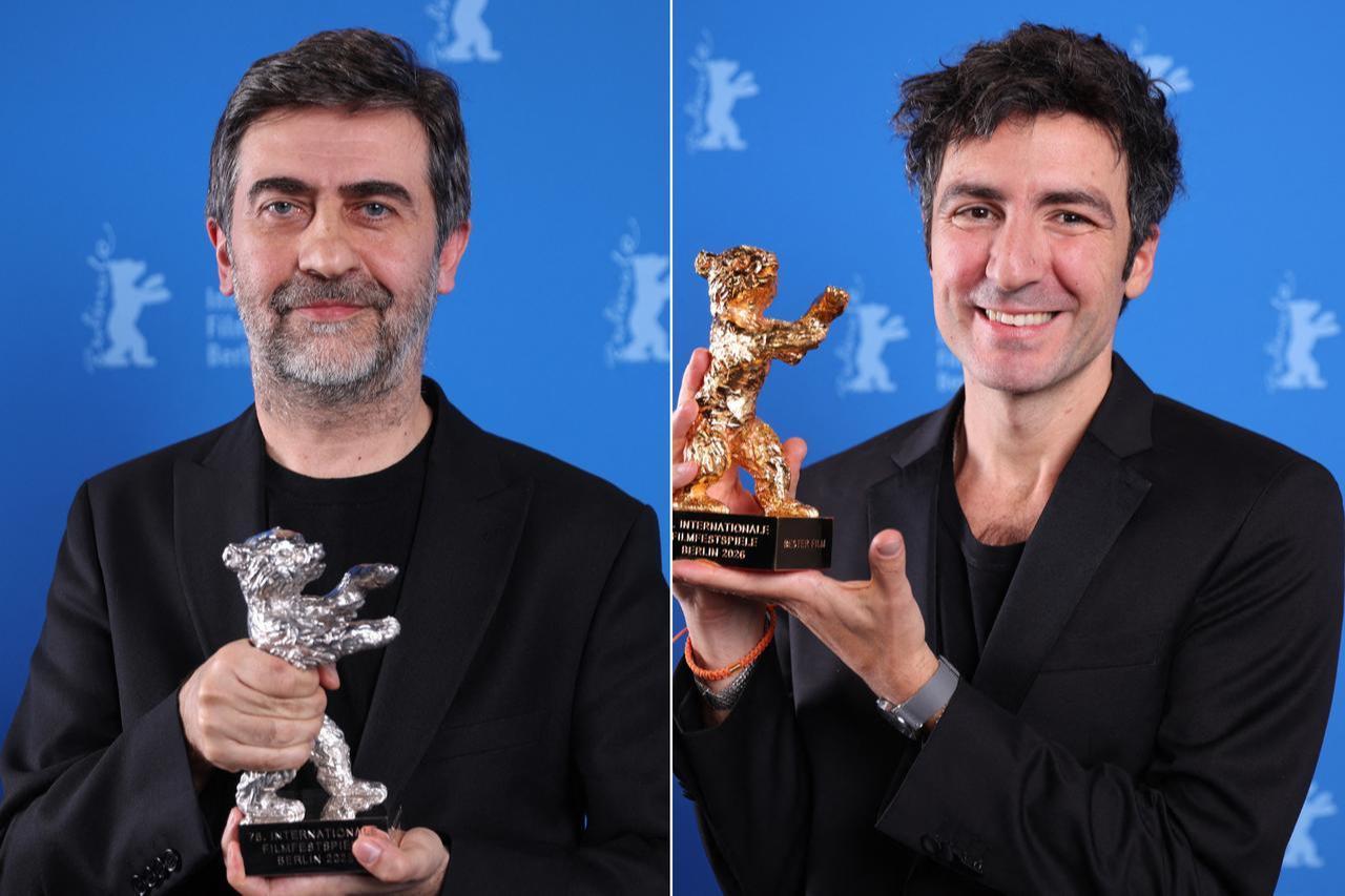 Emin Alper and Ilker Catak pose with their Silver Bear and Golden Bear awards at the 76th Berlin International Film Festival in Berlin, Germany, February 21, 2026. (AFP Photo)