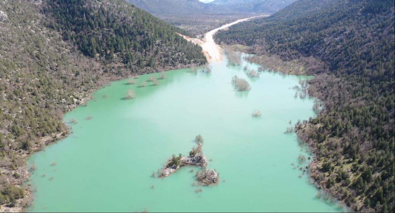 Drone view shows floodwaters spreading across plains near the Antalya–Konya highway, leaving sections of the road inaccessible, March 4, 2026. (IHA Photo)
