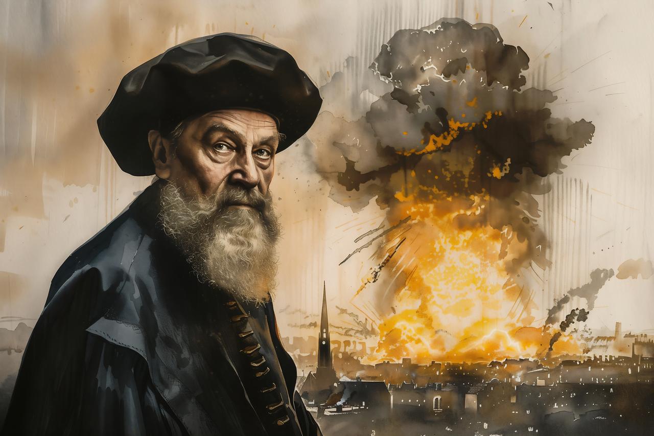 Artistic illustration of Nostradamus associated with war imagery. (Adobe Stock Photo)