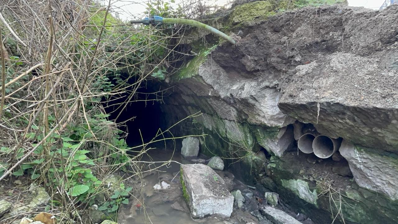 A vaulted underground water tunnel believed to date to the Roman period emerges during urban redevelopment works in Trabzon, Türkiye, March 4, 2026. (IHA Photo)