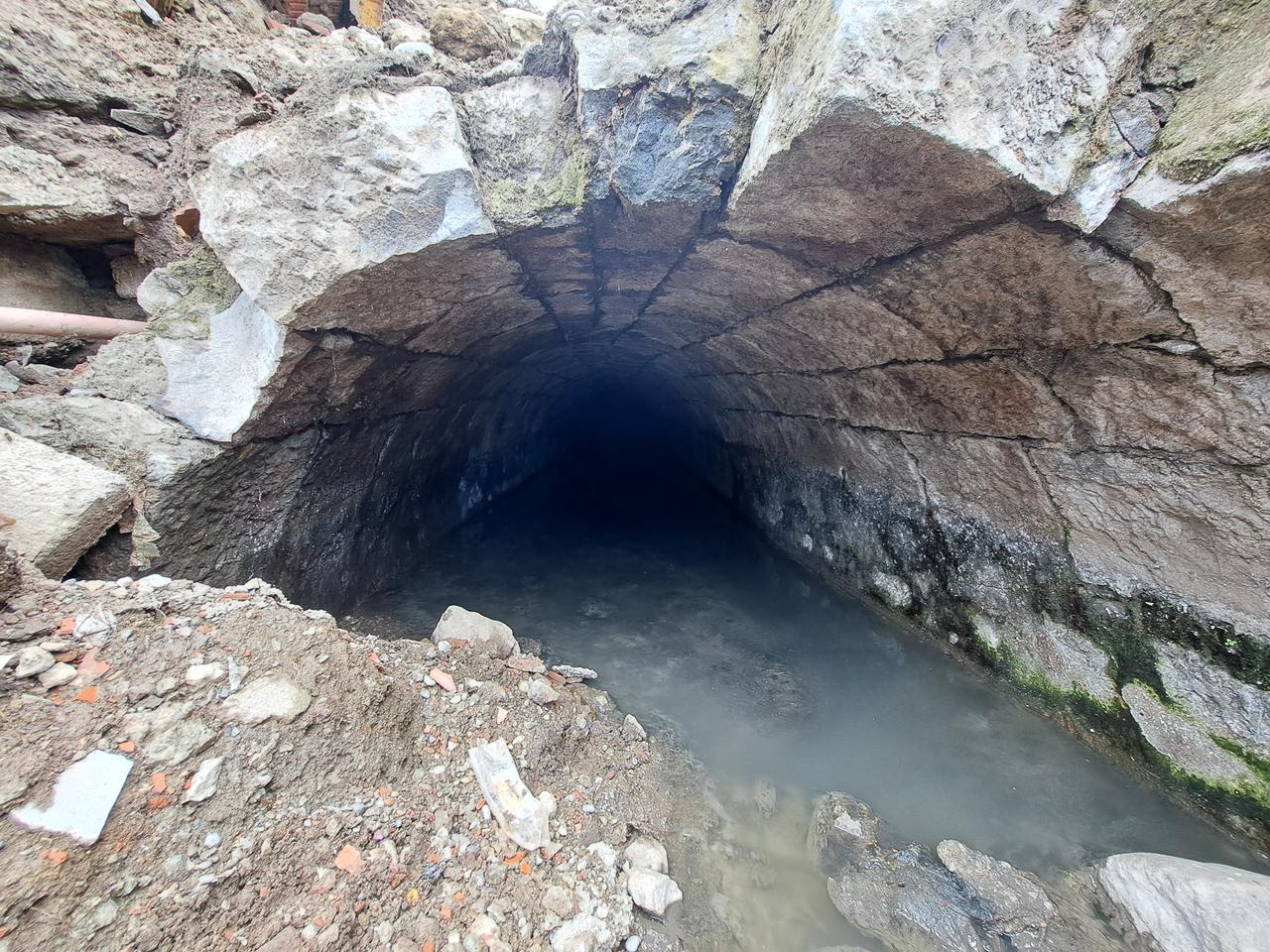A vaulted underground water tunnel believed to date to the Roman period emerges during urban redevelopment works in Trabzon, Türkiye, March 4, 2026. (IHA Photo)