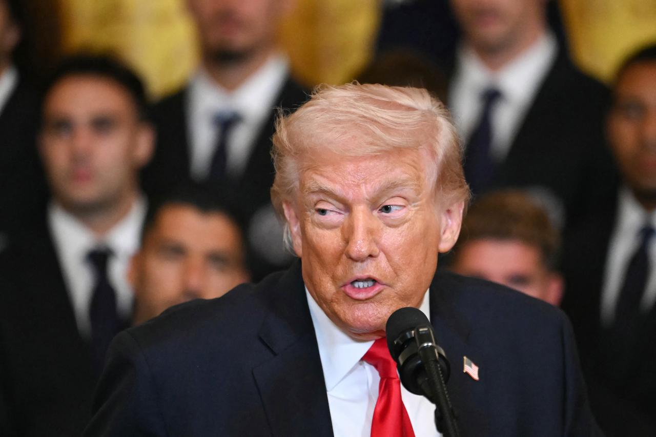 US President Donald Trump speaks during an event for Inter Miami CF, winners of the 2025 Major League Soccer Cup, in the White House in Washington, DC, March 5, 2026. (AFP Photo)