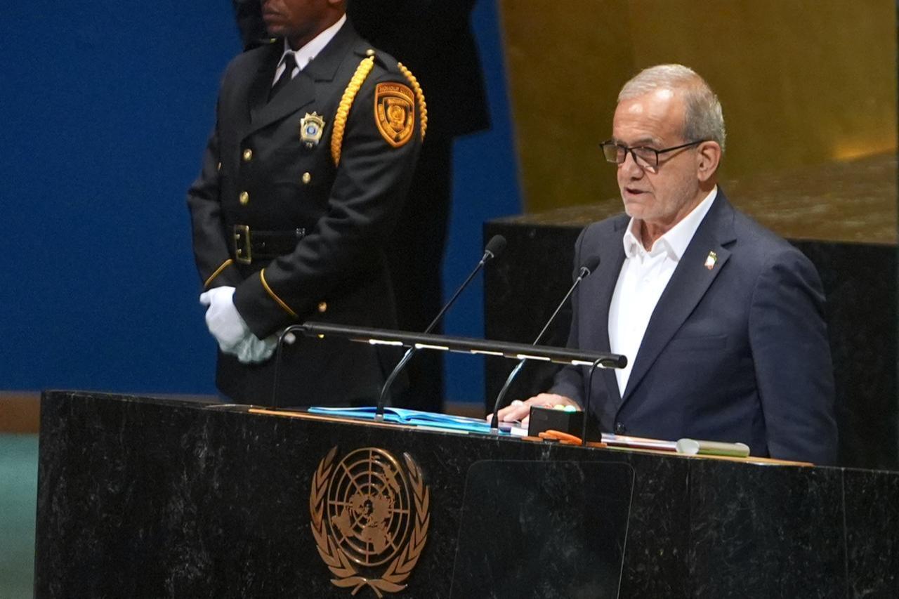 President of Iran, Masoud Pezeshkian, speaks during the 80th session of the United Nations General Assembly in New York, United States, on Sep. 24, 2025. (AA Photo)