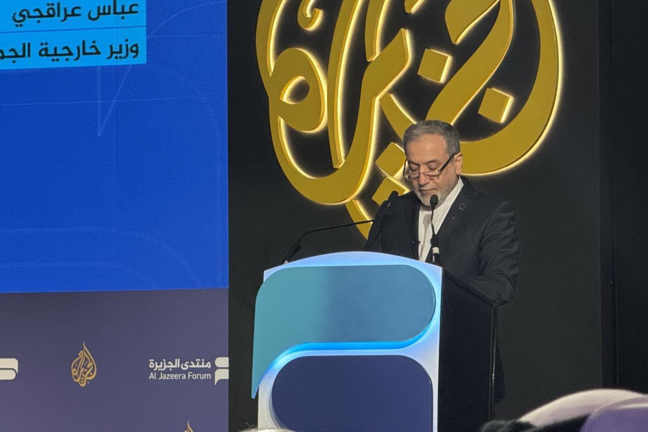 Iranian Foreign Minister Abbas Araghchi delivers a speech during opening of the 17th Al Jazeera Forum in Doha, Qatar on Feb. 7, 2026. (AA Photo)