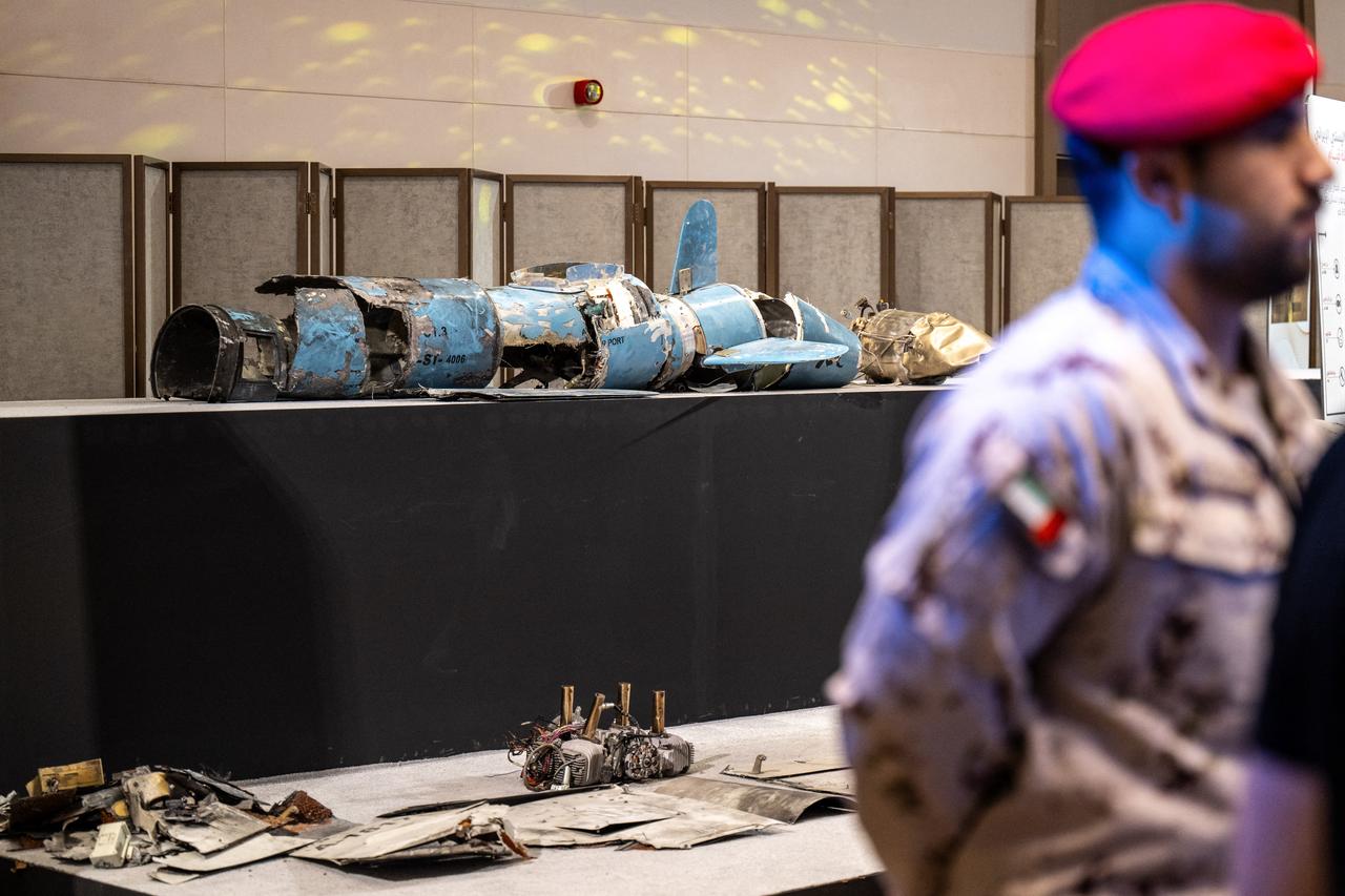 Pieces of missiles and drones recovered after Iran’s strikes are displayed during a press briefing by the UAE government held in Abu Dhabi on March 3, 2026. (AFP Photo)