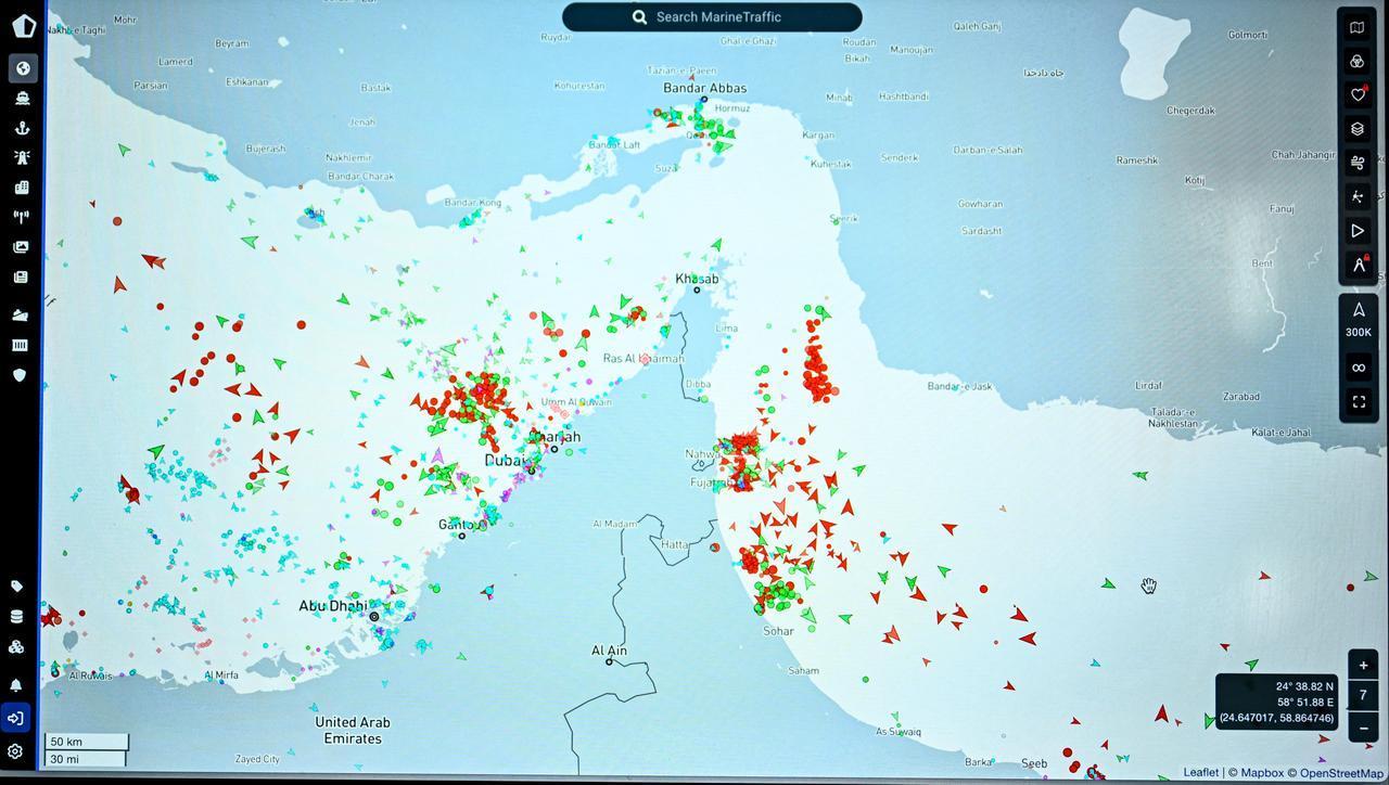 This photograph shows a page on the Marinetraffic website thats shows commercial boats traffic on the edge of the Strait of Hormuz near the Iranian coast, in Paris, March 4, 2026. (AFP Photo)