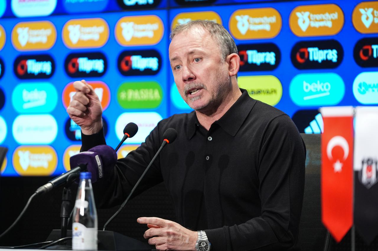 Besiktas head coach Sergen Yalcin speaks during a press conference after the Turkish Super Lig week 25 match between Besiktas and Galatasaray at Tupras Stadium in Istanbul, Türkiye, March 07, 2026. (AA Photo)