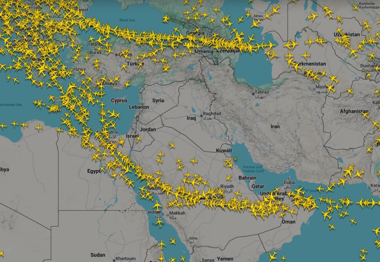 Live flight tracking map shows commercial aircraft rerouting across the Middle East and eastern Mediterranean on Mar. 8, 2026. (Image via Flightradar24)