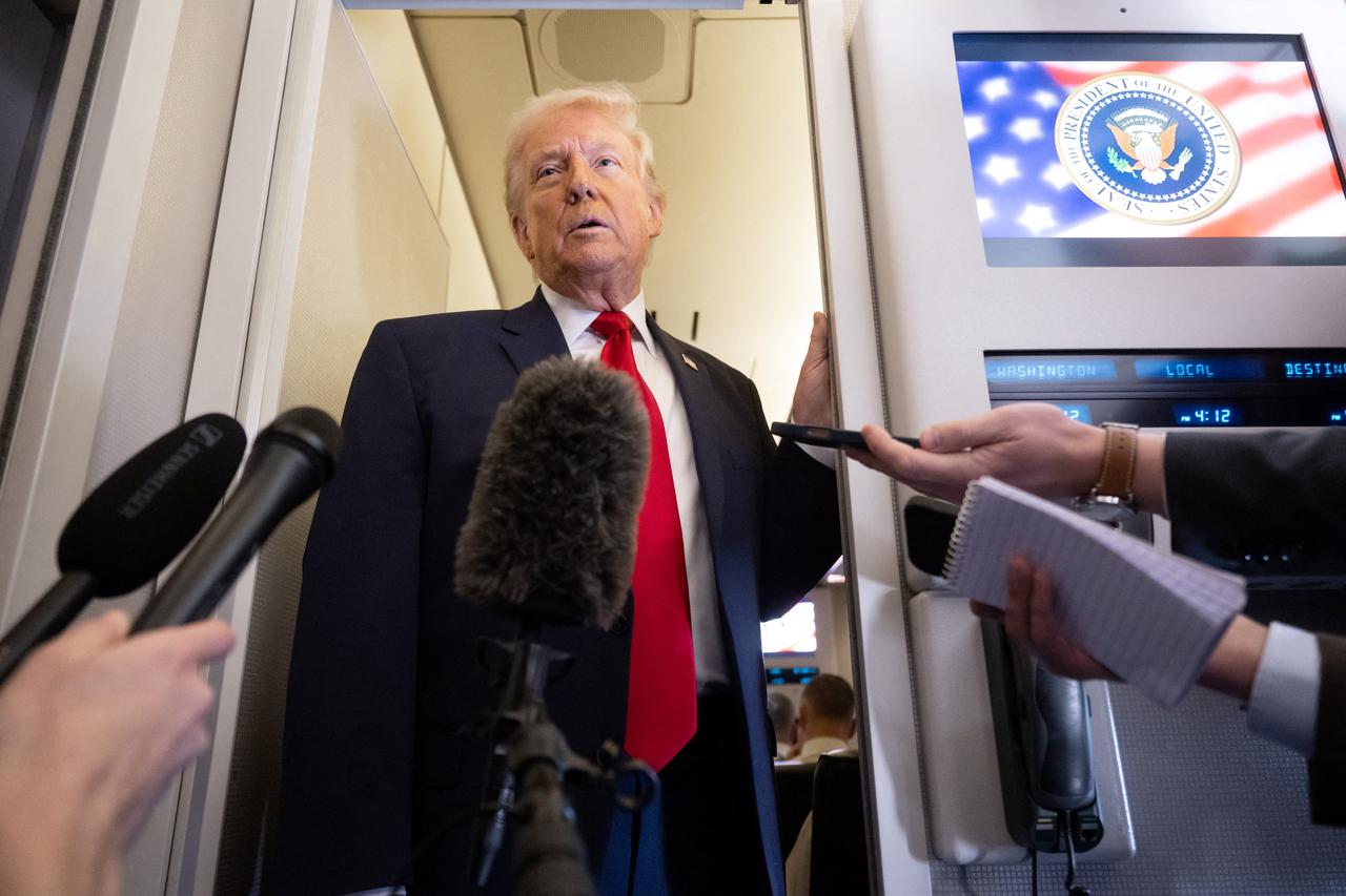 US President Donald Trump speaks with the media aboard Air Force One during a flight from Dover, Delaware, to Miami, Florida, on March 7, 2026. (AFP Photo)
