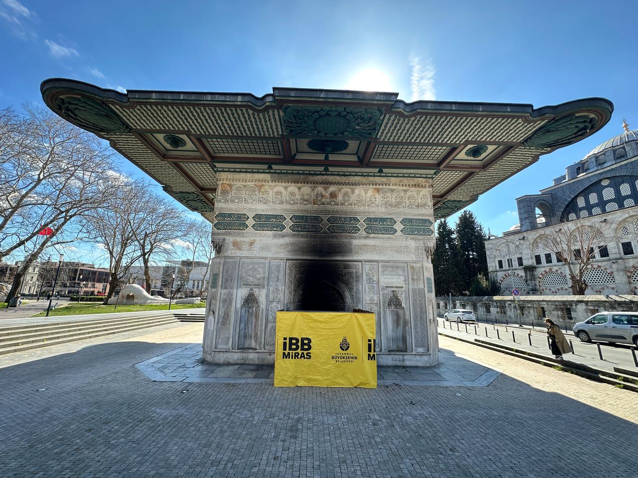 Scaffolding surrounds a section of the historic Tophane Fountain after fire damage left parts of the Ottoman-era monument blackened with soot in Istanbul, Türkiye, March 8, 2026. (AA Photo)