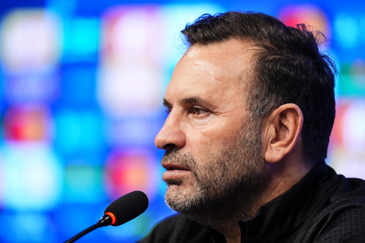 Head coach Okan Buruk of Galatasaray speaks during a press conference ahead of the UEFA Champions League round of 16 first-leg match against England’s Liverpool in Istanbul, Türkiye, March 9, 2026. (AA Photo)