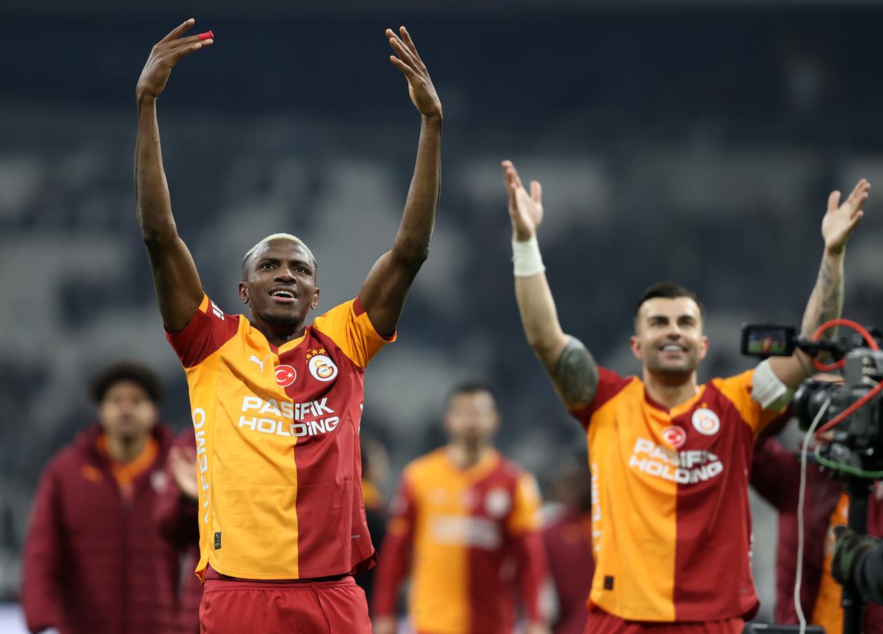 Galatasaray’s Victor Osimhen greets fans as he celebrates their victory at the end of the Turkish Super Lig week 25 match between Besiktas and Galatasaray at Tupras Stadium in Istanbul, Türkiye, March 7, 2026. (AA Photo)