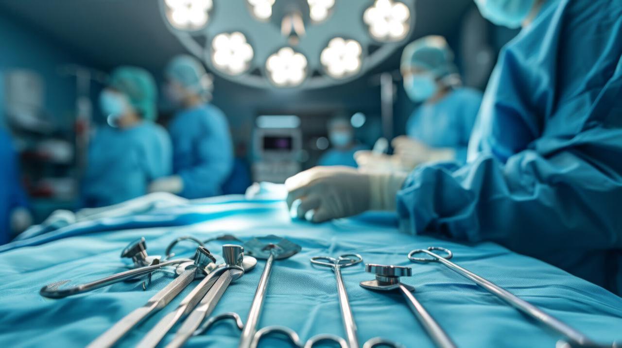 Medical professionals wearing gloves selecting surgical instruments from a table covered with a sterile blue drape, preparing for an operation. (Adobe Stock Photo)