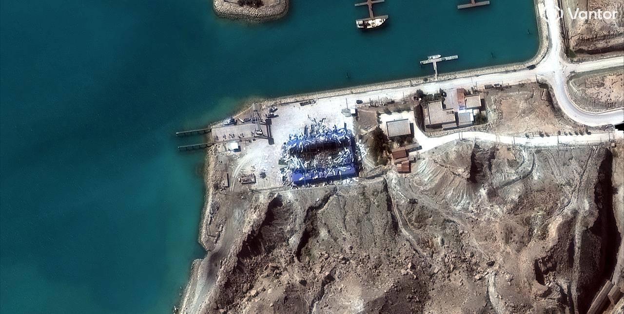 This handout satellite image from March 6, 2026, shows the damage to the Bandar Barkhuh Iranian Naval Base marina following a military strike. (Photo by Satellite image ©2026 Vantor/AFP)