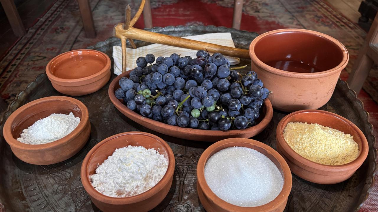 Ingredients used to prepare the traditional Black Sea dessert pepecura, including Isabella grapes, corn flour, wheat flour, starch and sugar, are displayed during the preparation process in Rize, Türkiye, March 7, 2026. (AA Photo)
