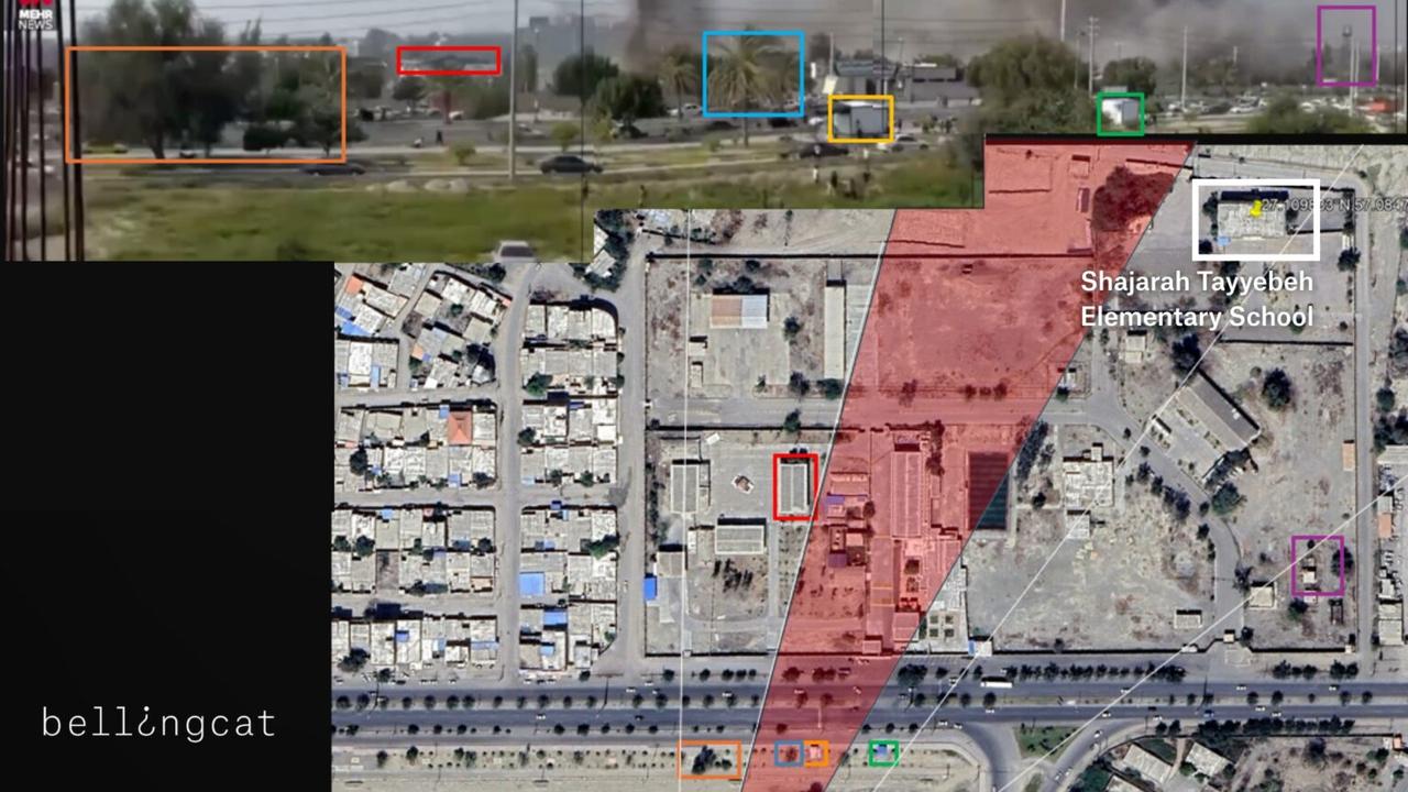 Geolocation by Bellingcat showing the strike's estimated area of impact, which also included Shajarah Tayyebeh girls' school in the city of Minab in southern Iran. (Photo via Bellingcat)