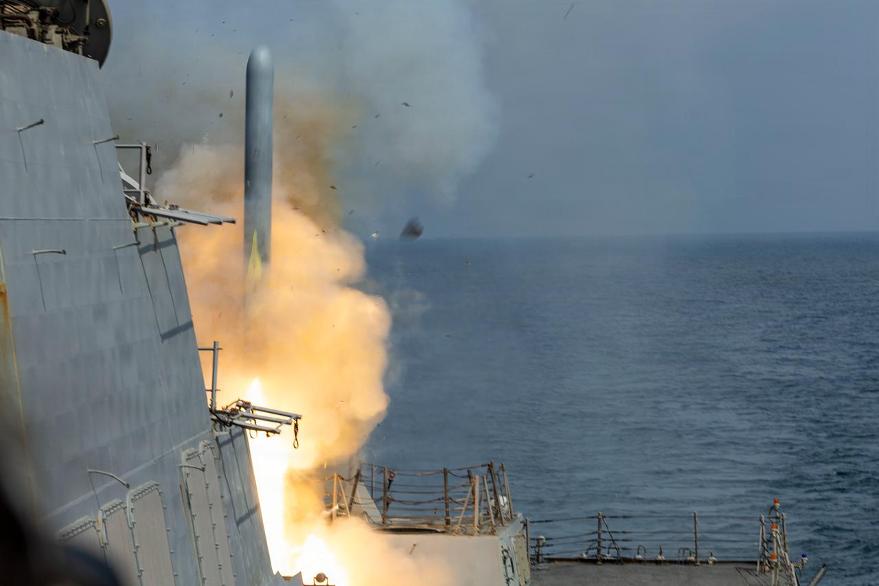 Arleigh Burke-class guided-missile destroyer USS Delbert D. Black (DDG 119) fires a Tomahawk Land Attack Missile (TLAM) in support of Operation Epic Fury, Feb. 28, 2026. (Photo via U.S. Navy)