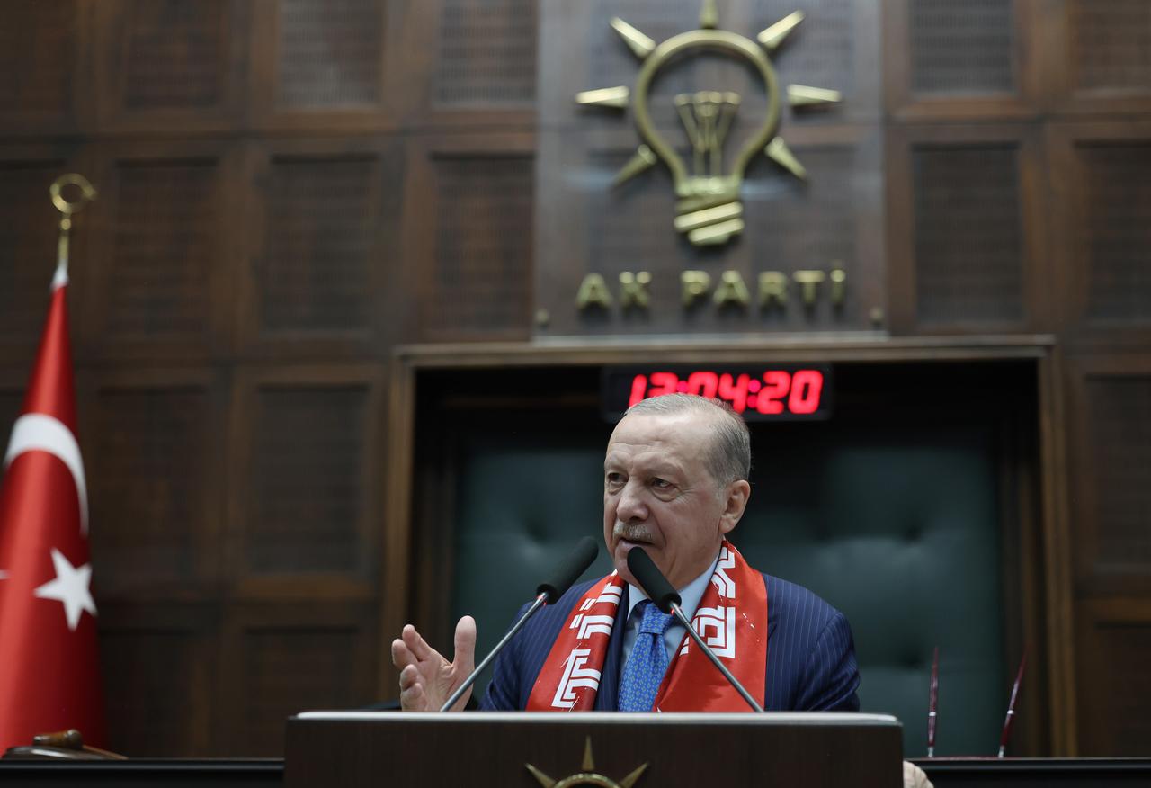 President and Leader of the Justice and Development (AK) Party Recep Tayyip Erdogan makes a speech during his party's group meeting in Ankara, Türkiye, April 1, 2026. (Turkish Presidency/Murat Kula)