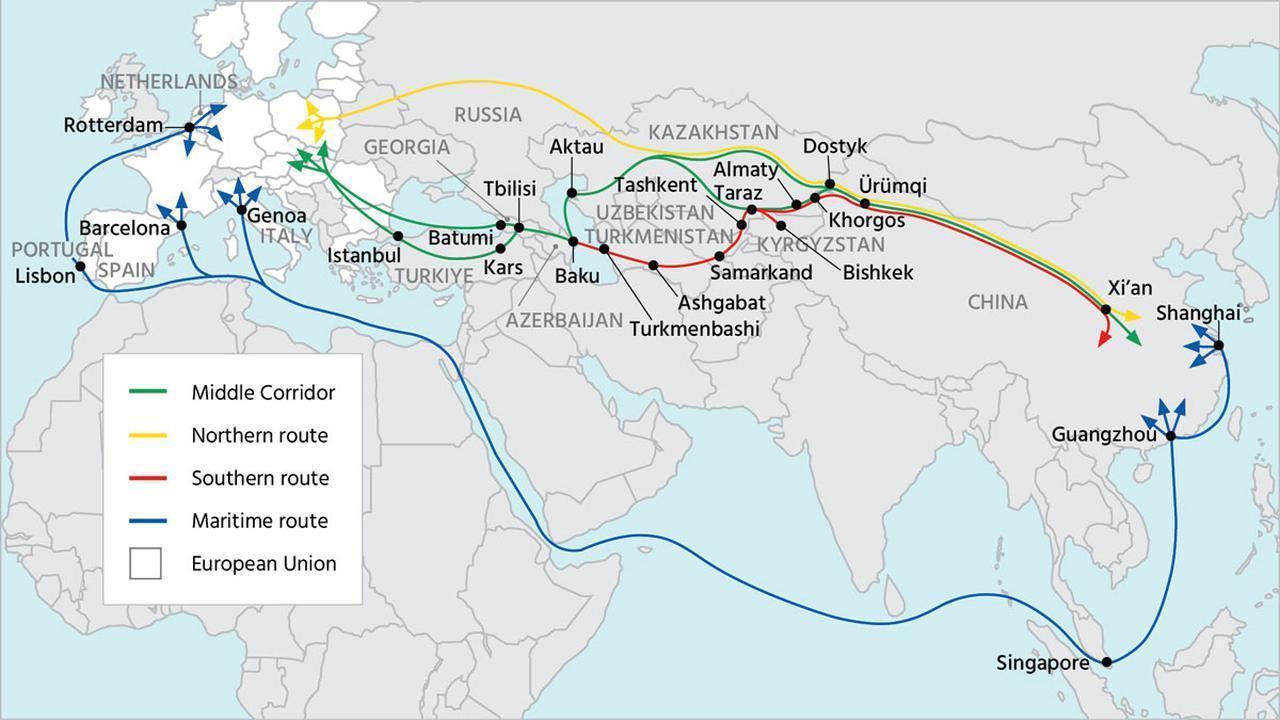 Map showing the Middle Corridor linking Asia to Europe via Central Asia, the Caucasus and Türkiye. (Image via X)