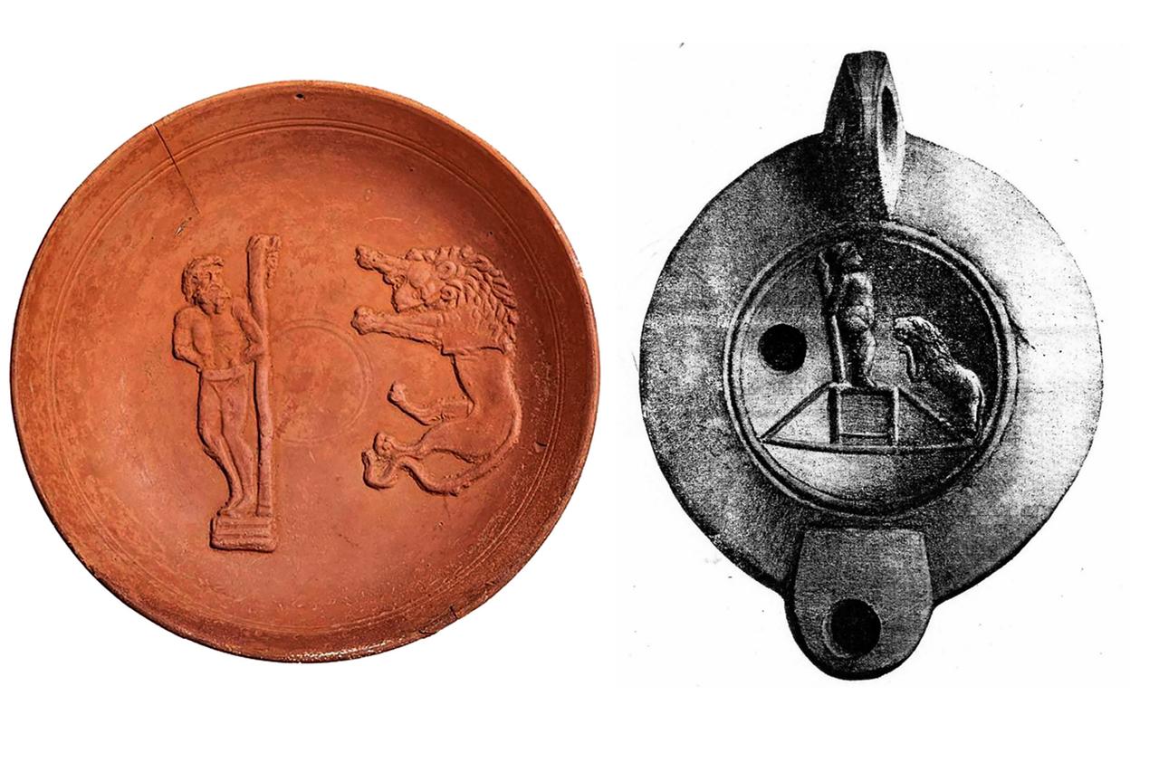 Left: A pottery bowl depicting a damnatio ad bestias scene, showing a man tied to a pole attacked by a lion. (Ivanovici 2023, fig. 20); right: Representation of damnatio ad bestias. (Cook 2012, fig. 2).