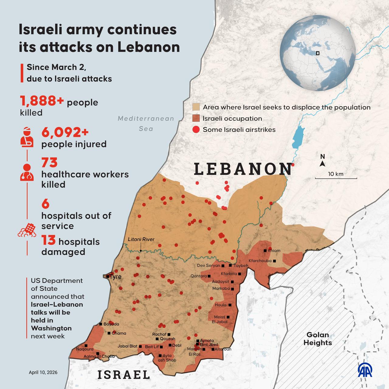 An infographic titled "Israeli army continues its attacks on Lebanon" was created in Ankara, Türkiye, on April 10, 2026. (AA Infographic)