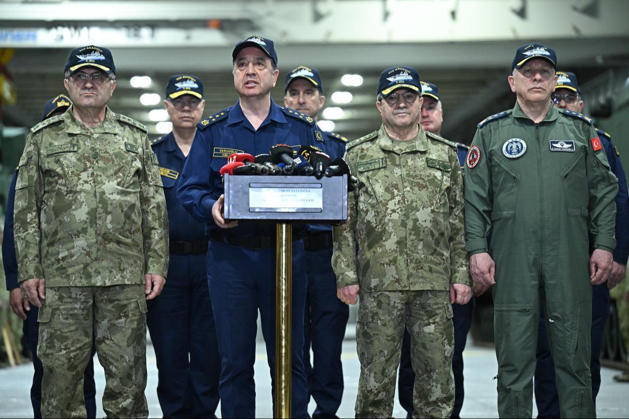 Turkish Chief of the General Staff Selcuk Bayraktaroglu, Commander of the Land Forces General Metin Tokel, Commander of the Naval Forces Admiral Ercument Tatlioglu, and Commander of the Air Forces General Ziya Cemal Kadioglu are seen on TCG Anadolu in 'Blue Homeland-2026' exercise, April 9, 2026. (AA Photo)