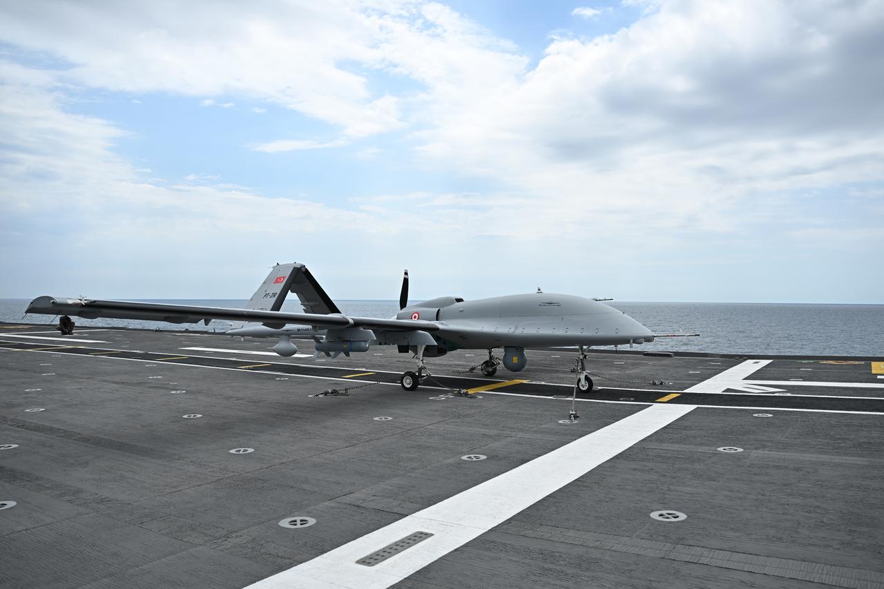 Bayraktar TB3 unmanned aerial vehicle on TCG Anadolu takes part in the live-fire phase of 'Blue Homeland-2026' (Mavi Vatan) tactical exercise in Eastern Mediterranean, in Antalya, April 9, 2026. (AA Photo)