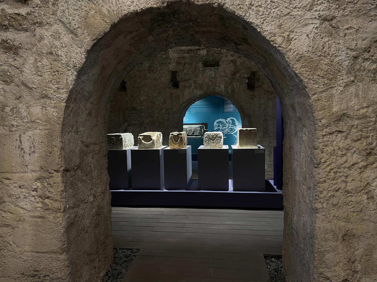 Interior view of the Side Arif Mufid Mansel Archaeology Museum showcasing funerary artifacts, Antalya, Türkiye, April 8, 2026. (Photo by Koray Erdogan/Türkiye Today)