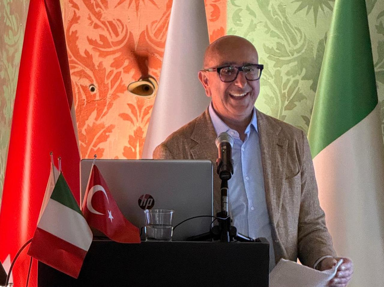 Italian archaeologist Prof. Stefano De Martino speaks during the “Troy: City of Kings and Heroes” conference in Rome, Italy. (AA Photo)