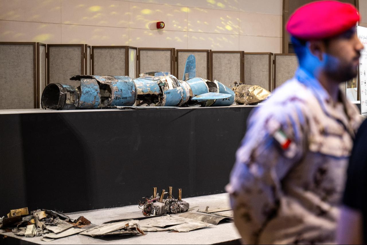 Pieces of missiles and drones recovered after Iran’s strikes are displayed during a press briefing by the UAE government held in Abu Dhabi on March 3, 2026. (AFP Photo)