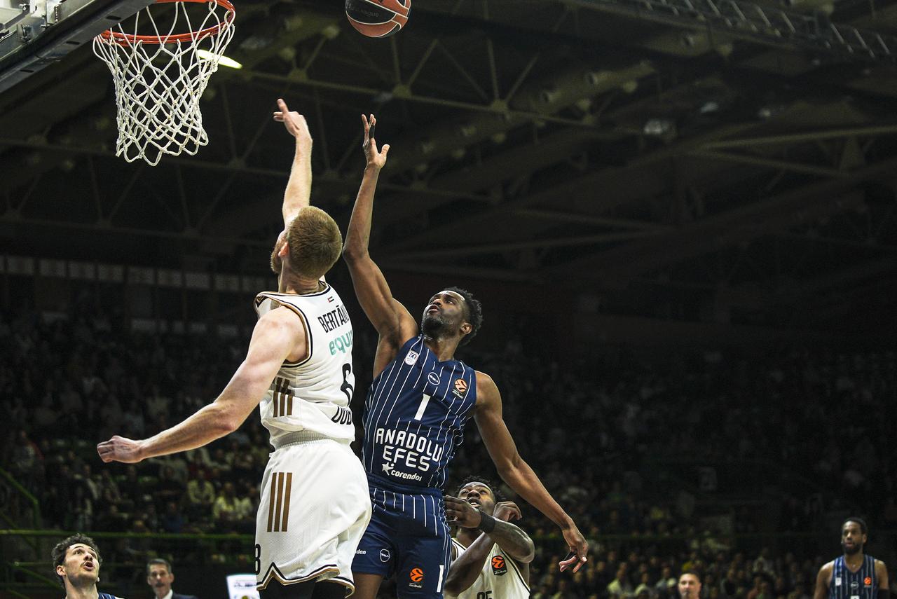 Anadolu Efes player Rodrigue Beaubois (1) battles for the ball with an opponent during a Basketball EuroLeague Week 37 game between Anadolu Efes and Dubai Basketball at Zetra Olympic Hall in Sarajevo, Bosnia and Herzegovina, April 10, 2026. (AA Photo)