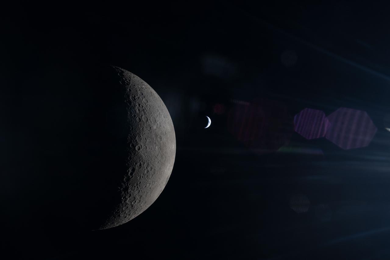 This handout picture released on April 9, 2026, by NASA shows the Moon (L) and Earth (R) each partially illuminated by the Sun as seen from the Orion spacecraft behind the Moon during the flyby as part of the Artemis II mission on April 6, 2026.