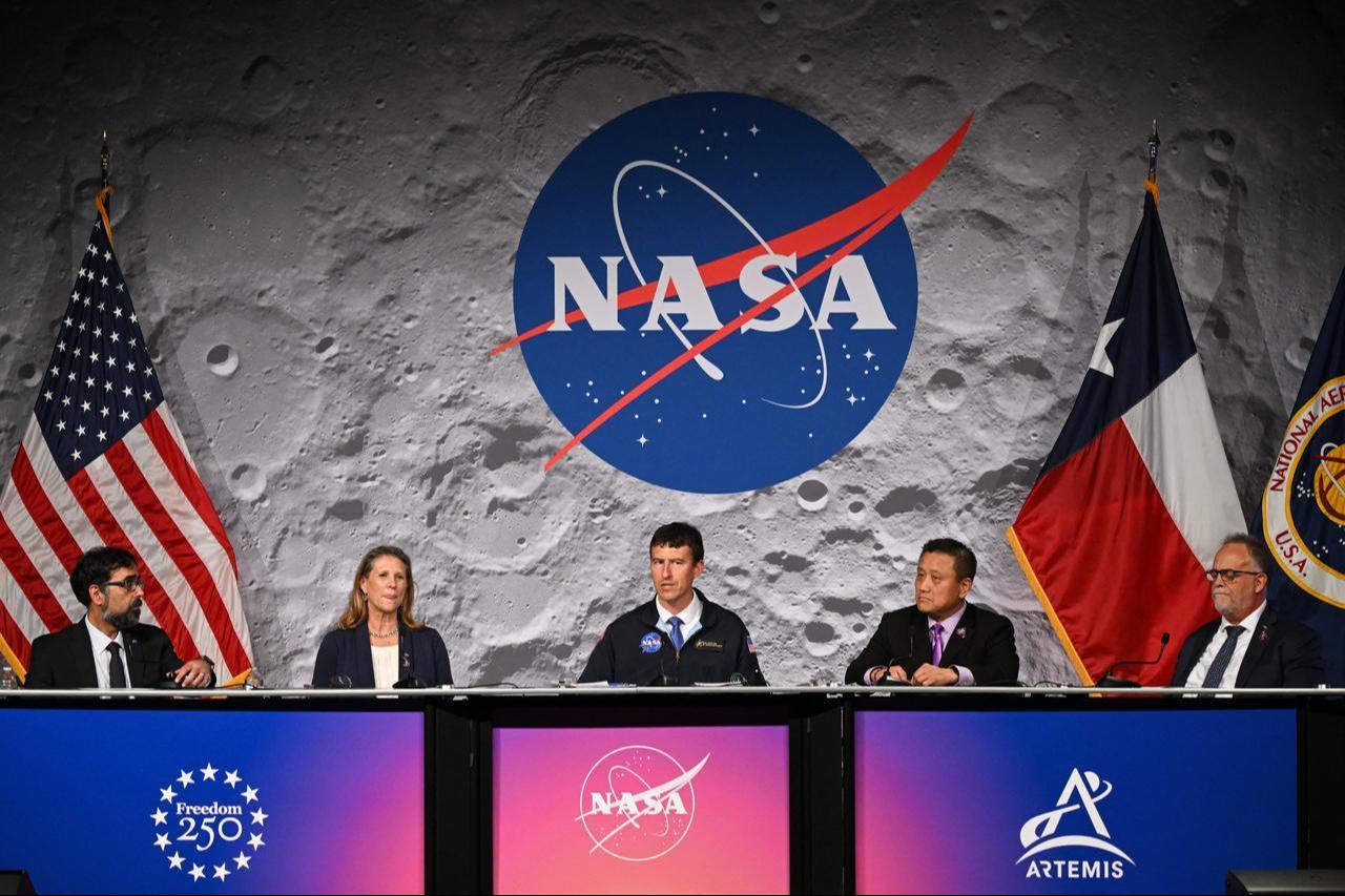 NASA staff participate in a press conference at Johnson Space Center in Houston, Texas, on April 10, 2026, after the Artemis II astronauts splashed down in the Pacific Ocean off the coast of California. (AFP Photo)