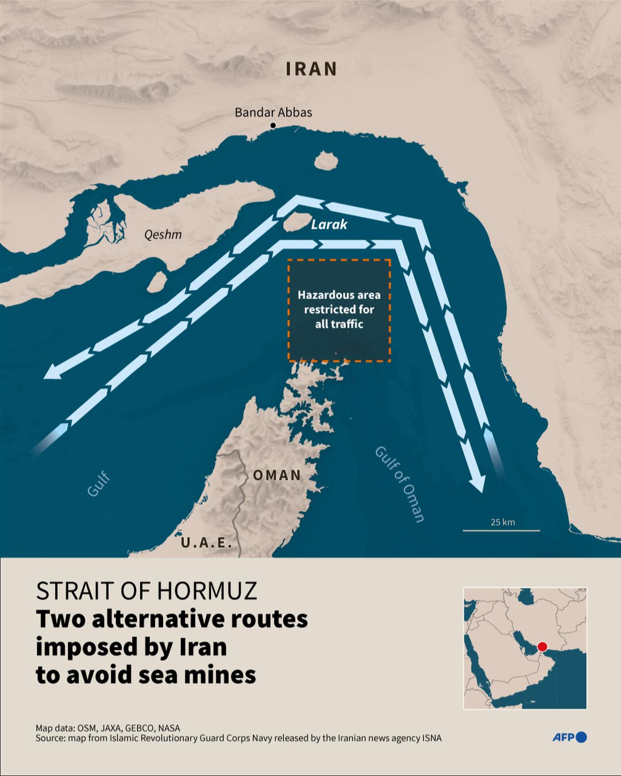Infographic with a map showing the two alternative maritime routes imposed on ships by Iran, which has warned of sea mines on the usual route through the Strait of Hormuz. (AFP Infographic)