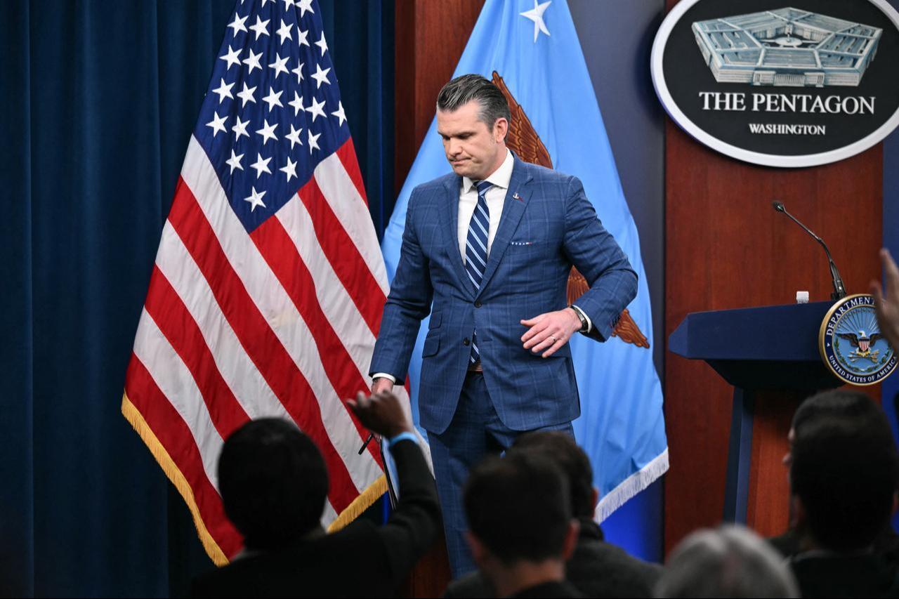 US Secretary of Defense Pete Hegseth departs after speaking during a press briefing at the Pentagon in Washington, DC, on April 8, 2026. (AFP Photo)